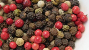 Macro rotation is a mixture of black, red, green and white peppercorns. Spice grains of dried multicolored pepper close-up video