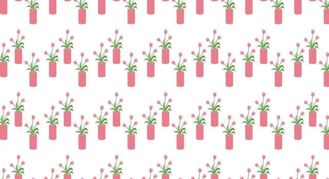 Tulip flower background seamless pattern design template with pot vase vector
