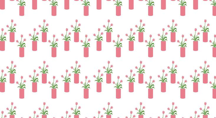 Tulip flower background seamless pattern design template with pot vase