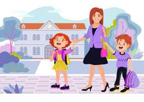 Mother with children walking to school vector