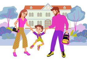 Father, mother, and funny son are holding hands and walking to school. Happy family concept. Joyful family, parenting. Loving parents and child are talking and smiling. Flat illustration. vector