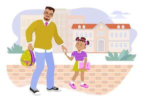 Dad and daughter are holding hands and walking to school. Happy family concept. A loving father and his child talking, and smiling. Family scene, care, parenting. flat illustration. vector