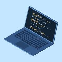 Isometric laptop. Programming on laptop concept with program code. Program code on a laptop screen. Isometric technology. illustration vector