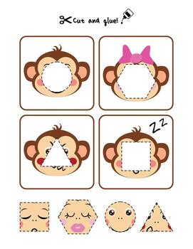 Children page with activity to cut, match and learn monkey shapes vector