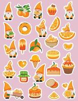 Colorful gnome and citrus-themed stickers vector