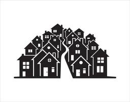 A cluster of homes with a walkway. Cityscape, black silhouette icon vector