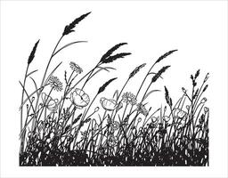 A silhouette of a grassy field adorned with wildflowers, drawn in a line style vector