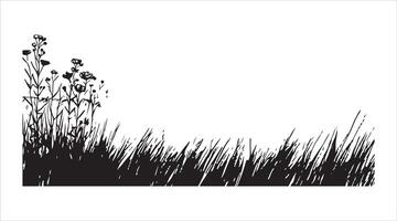 Outline of a field filled with grass and wildflowers in a line art style vector