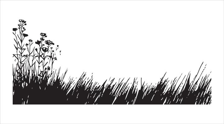 Outline of a field filled with grass and wildflowers in a line art style
