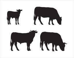Silhouettes of a cattle family in black on a white canvas. The livestock consists of a calf standing, a cow eating, a young bull standing tall, and an older bull grazing nearby. vector