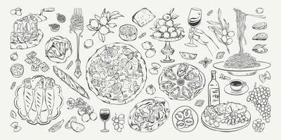 Hand drawn mediterranean food and drink set. Italian food ink sketch. Whimsical La dolce vita lunch or dinner with pizza, cheese, pasta, sea food, fruits, wine for poster, menu, invitation, postcard. vector