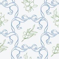 Mediterranean seamless pattern with lemons, olives and ribbons. La dolce vita summer line art background with hand drawn lemons, olives, and elegant blue ribbon bows for fabric, wrap, packaging, card. vector
