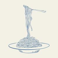 Italian pasta plate hand drawn ink sketch. Spaghetti on a plate, and fork with spaghetti. Italian food line art for poster, menu, greeting card, banner, postcard. Vintage macaroni illustration. vector