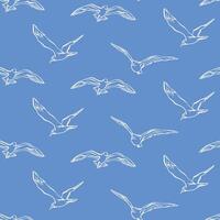 Seagulls seamless pattern. A flock of flying birds seamless pattern on a blue background. Hand drawn line art illustration for fabric, wrapping paper, packaging, nautical design, wallpaper. vector