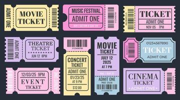 Set of colorful admit tickets template. Ticket for cinema, movie, circus, theater, film, festival, club, music. Event admission, entrance pass vector