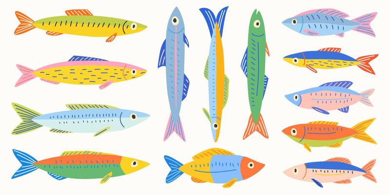 Set of colorful sardines and fishes. Stickers for fish products in a bright doodle style. Perfect for packaging, prints and summer illustrations.