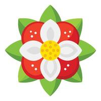 Vibrant Red and White Flower Blossom in Full Bloom, Illustrated with Lush Green Leaves, Cheerful Springtime Floral Design vector