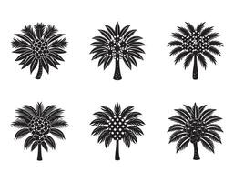 Six Silhouettes of Lush Tropical Palm Trees Bearing Coconuts in a Serene Monochrome Design - Professional digital artwork with vibrant colors and detailed composition vector