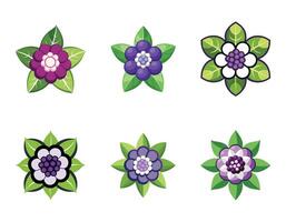 Six Vibrant Purple and Green Flowers Blooming in a Cheerful, Stylized Illustration - Professional digital artwork with vibrant colors and detailed composition vector