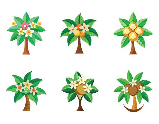 Six Vibrant Tropical Fruit Trees with Flowers in a Cheerful Summer Illustration - Professional digital artwork with vibrant colors and detailed composition