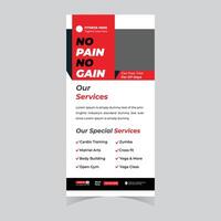 Motivational Fitness Center Roll-Up Banner Ad No Pain No Gain, Promoting 7-Day Free Trial with Cardio, Yoga, and More vector