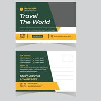 Elegant Green and Gold Postcard Design for Worldwide Travel Bookings, Promoting Adventure and Exploration - Professional digital artwork with vibrant colors and detailed composition vector