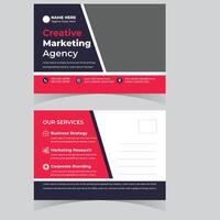 Professional Red and Gray Postcard Design for Creative Marketing Agency Showing Business Strategy, Marketing Research, and Corporate Branding Services vector
