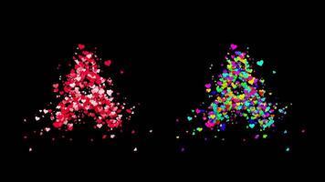 3D animation set of two swirling heart streams. Red on the left and multicolored on the right. They rotate energetically and gradually transform into the letter A. File includes an Alpha Channel. video