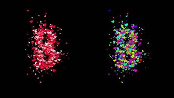 3D animation set of two swirling heart streams. Red on the left and multicolored on the right. They rotate energetically and gradually transform into the letter B. File includes an Alpha Channel. video