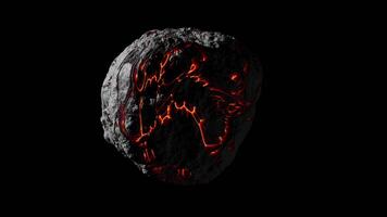 Looping 3D animation of a space alien asteroid rotation. Fiery red lava flows across the destroyed surface of the asteroid. Cyclic slow rotation of an object in space. File with Alpha Channel. video