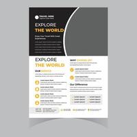 Stylish Travel Brochure Design Explore the World with Exciting Experiences, Modern Layout, and Vibrant Yellow Accents vector