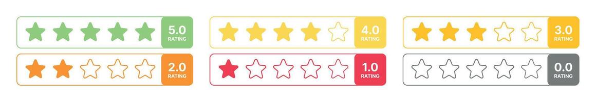 Set of colorful star rating icons from 0.0 to 5.0 in box frames, multicolor customer review feedback system score bars, UI elements isolated on transparent for evaluation and quality scoring vector