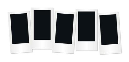 Collection of five black filled retro instant photo frames arranged in row on transparent background vintage layout mockup memory template for editable photo collage content nostalgic photography vector