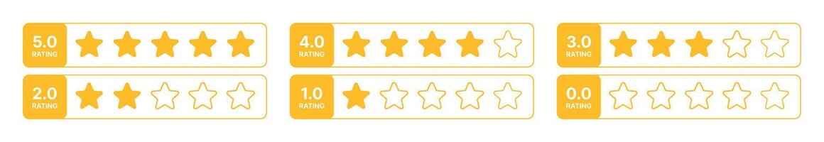 rating stars set from zero to five with yellow rating labels, different star fill levels, customer satisfaction icons, user review elements, feedback ranking symbols on transparent background vector