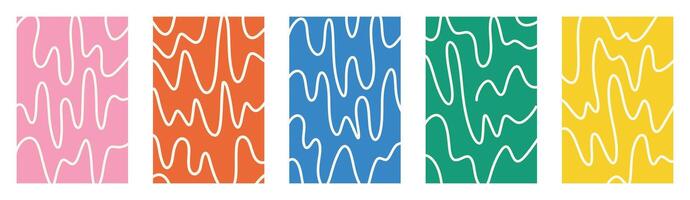 Childish doodle funky jagged wave pattern stripes. Groovy uneven curved shapes. Abstract playful warped fluid design. Colorful hand drawn creative backgrounds. Retro 90s squiggle style set. vector