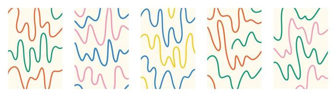 Abstract groovy child doodle wavy jagged maze shapes. creative squiggle lines design. Playful colorful hand drawn pattern. Orange green pink blue yellow curvy backgrounds. Funky kids art set. vector