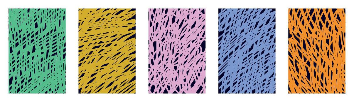 Groovy sketch lines hand drawn scribble pattern collection. Child doodle texture set. Colorful abstract ornament backgrounds. Jagged funky waves on dark transparent. Creative summer design. vector