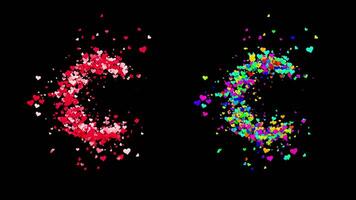 3D animation set of two swirling heart streams. Red on the left and multicolored on the right. They rotate energetically and gradually transform into the letter C. File includes an Alpha Channel. video