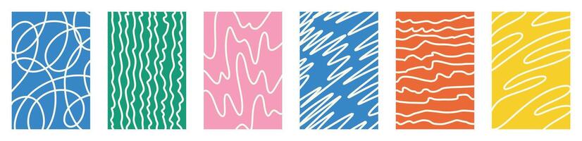 Playful kid doodle art backgrounds. Bright funky scribble shapes, hand drawn wavy stripes, organic distorted lines, creative child sketch style, colorful swirl maze ripple curves squiggle lines vector