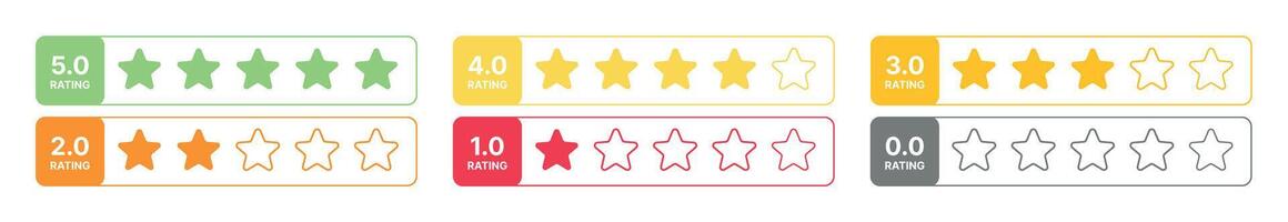 Collection of review bars with star ratings from 0.0 to 5.0, colorful rectangular UI elements for customer feedback, satisfaction evaluation, rating scale template on transparent background vector