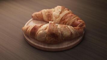 Looping animation around a composition of two croissants lying on a wooden board. Loop motion. Defocus. Close-up. video
