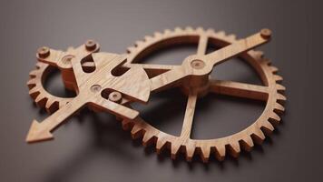 Looping animation of a mechanical construction made of wooden gears. Cyclic movement. Close-up. Horizontal composition video