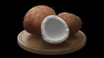 Looping animation around a composition of hairy coconuts lying on a wooden board. Loop motion. Alpha Channel. Close-up. video