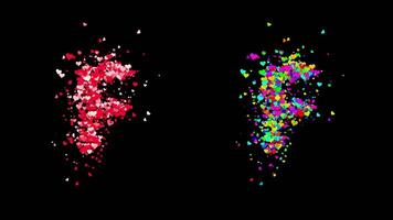 3D animation set of two swirling heart streams. Red on the left and multicolored on the right. They rotate energetically and gradually transform into the letter F. File includes an Alpha Channel. video