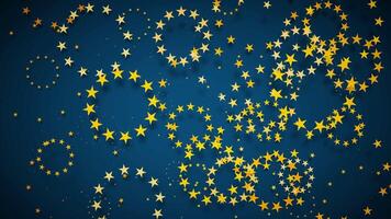 Looped 3D animation of European Union stars on a blue background. Stars rotate in circular motion, creating a dynamic pattern. Suitable for EU themes, politics, integration, and backgrounds. video