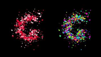 3D animation set of two swirling heart streams. Red on the left and multicolored on the right. They rotate energetically and gradually transform into the letter G. File includes an Alpha Channel. video