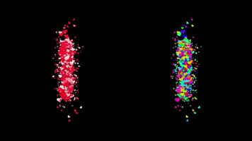 3D animation set of two swirling heart streams. Red on the left and multicolored on the right. They rotate energetically and gradually transform into the letter I. File includes an Alpha Channel. video