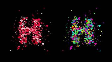 3D animation set of two swirling heart streams. Red on the left and multicolored on the right. They rotate energetically and gradually transform into the letter H. File includes an Alpha Channel. video