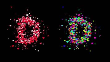 3D animation set of two swirling heart streams. Red on the left and multicolored on the right. They rotate energetically and gradually transform into the letter D. File includes an Alpha Channel. video
