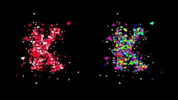 3D animation set of two swirling heart streams. Red on the left and multicolored on the right. They rotate energetically and gradually transform into the letter K. File includes an Alpha Channel. video